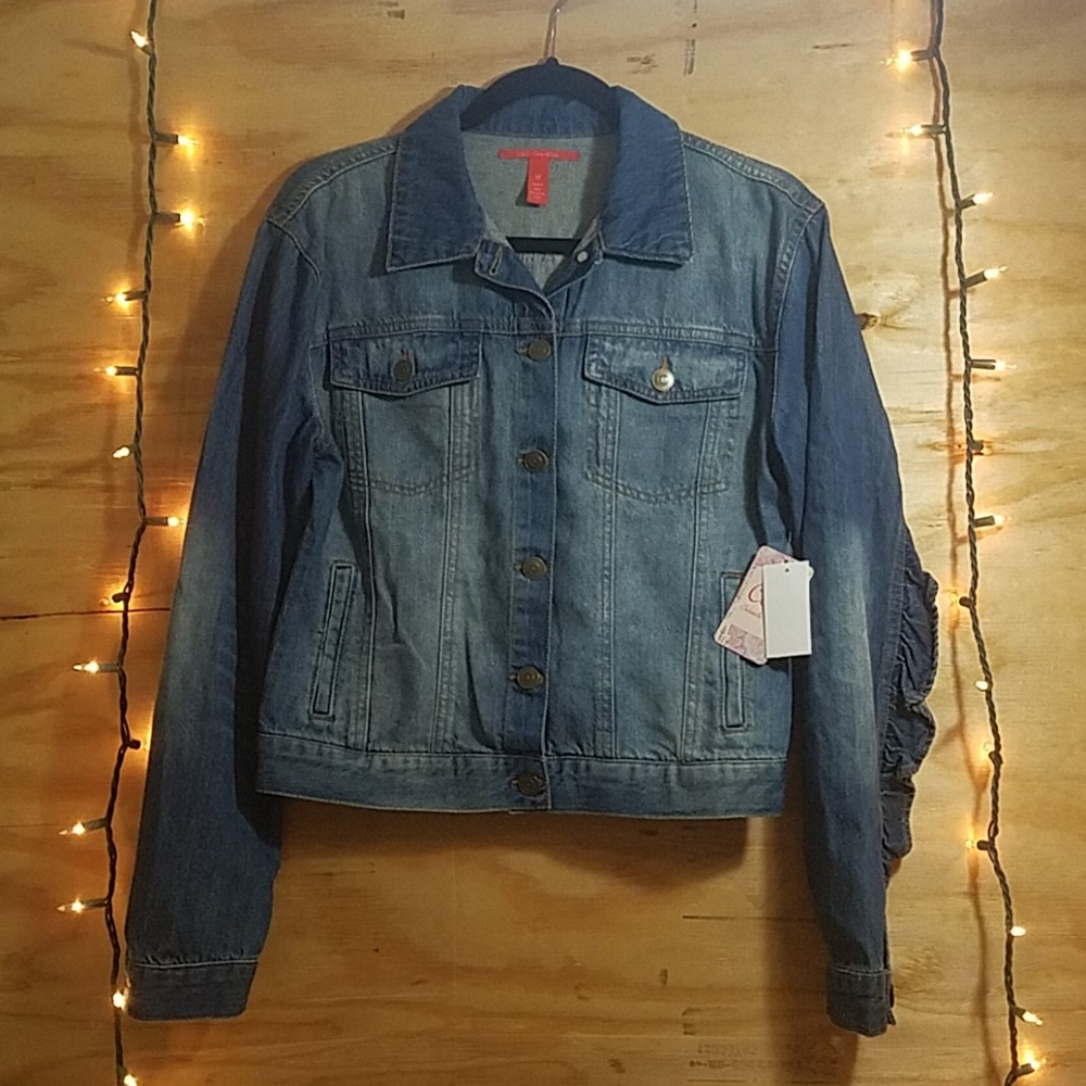 Chelsea & Violet denim jacket with ruffle, NWT